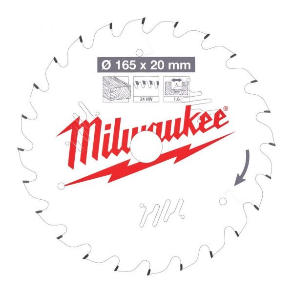 Milwaukee Wood Cutting Circular Saw Blade 165mm x 20mm x 1.6mm Thin Kerf - 24 Teeth 4932471931