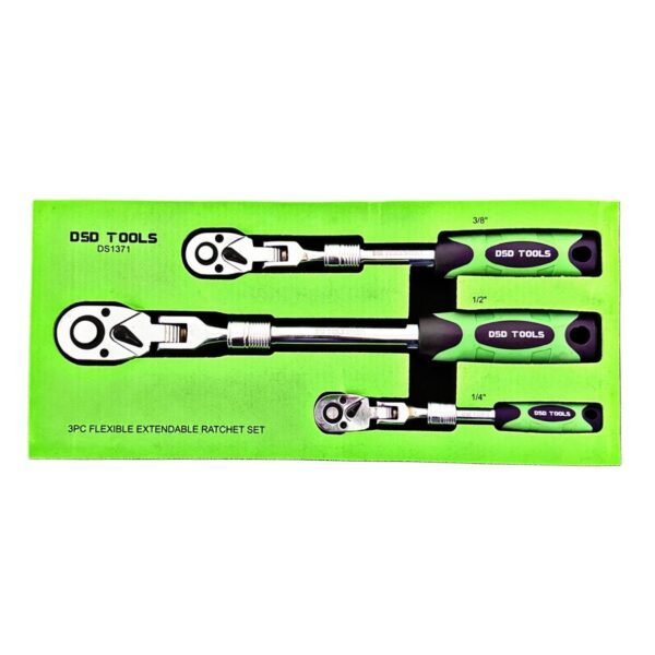 DSD TOOLS 3pc Flexible Extendable Ratchet Set 1/4", 3/8" & 1/2" Drives DS1371 - Image 2