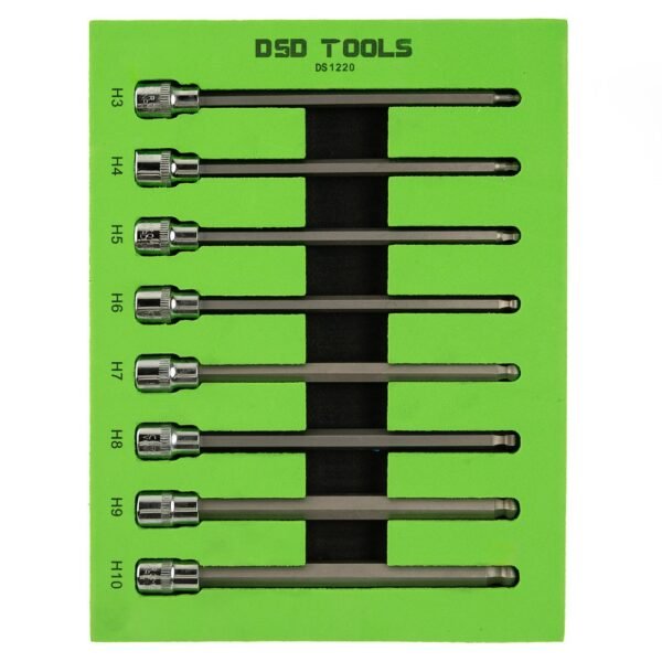 DSD TOOLS 8pcs 3/8 DR Hex Ball End Bit Socket Set - Extra Long DS1220