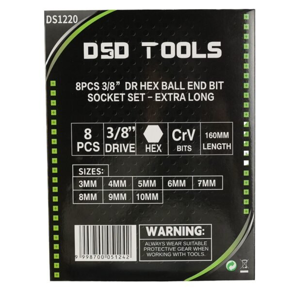 DSD TOOLS 8pcs 3/8 DR Hex Ball End Bit Socket Set - Extra Long DS1220 - Image 3