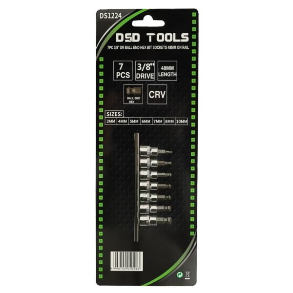 DSD TOOLS 7pc 3/8 DR Ball End Hex Bit Sockets 48mm On Rail DS1224 - Image 3