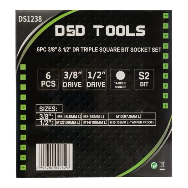 DSD TOOLS 6pc 3/8 & 1/2 DR Triple Square Bit Socket Set DS1238 - Image 3