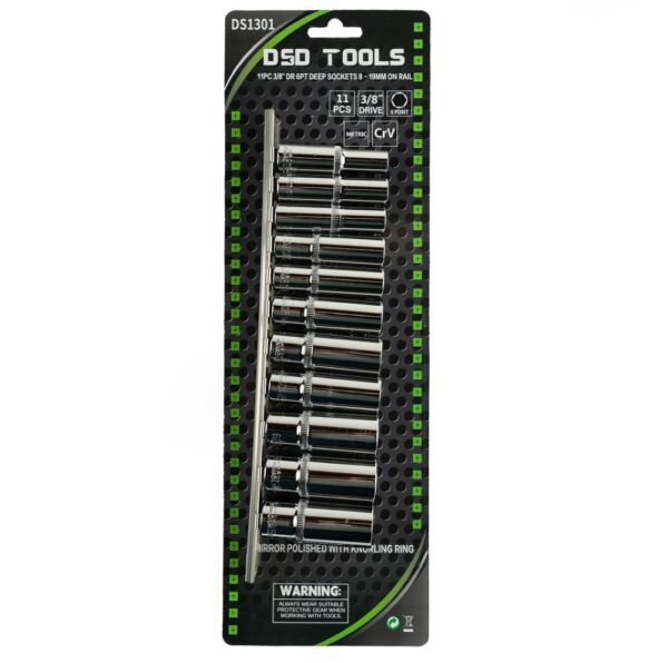 DSD TOOLS 11pc 3/8" DR 6PT Deep Sockets 8 - 19mm On Rail DS1301 - Image 2