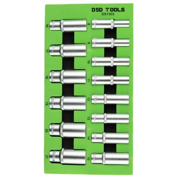 DSD TOOLS 14pc 3/8" Dr Deep Sockets 8-21mm Satin DS1303