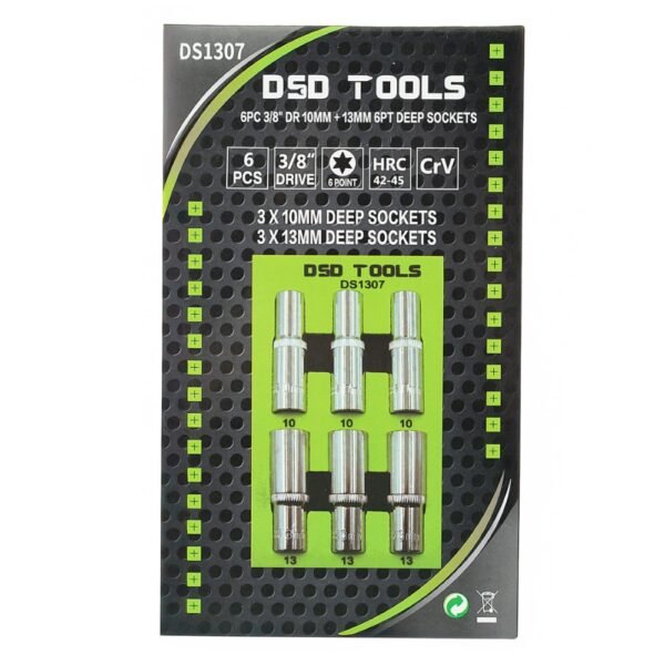 DSD TOOLS 6pc 3/8" DR 10mm + 13mm 6PT Deep Sockets DS1307 - Image 2
