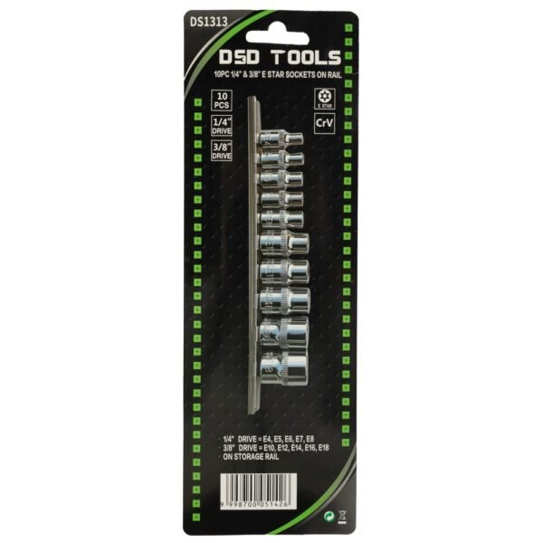 DSD TOOLS 10pc 1/4 & 3/8 E Star Sockets On Rail DS1313 - Image 3