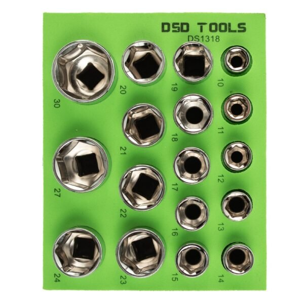 DSD TOOLS 17pc 1/2 DR 6PT Shallow Sockets 10 - 30mm DS1318