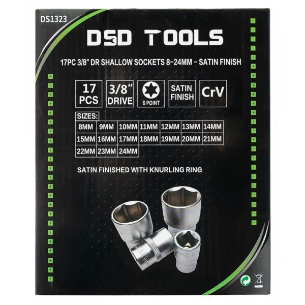 DSD TOOLS 17pc 3/8" DR Shallow Sockets 8-24mm - Satin Finish DS1323 - Image 3