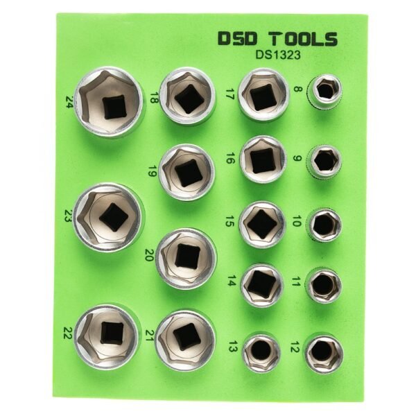 DSD TOOLS 17pc 3/8" DR Shallow Sockets 8-24mm - Satin Finish DS1323