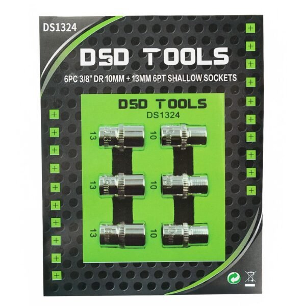 DSD TOOLS 6pc 3/8" DR 10mm + 13mm 6PT Shallow Sockets DS1324 - Image 2