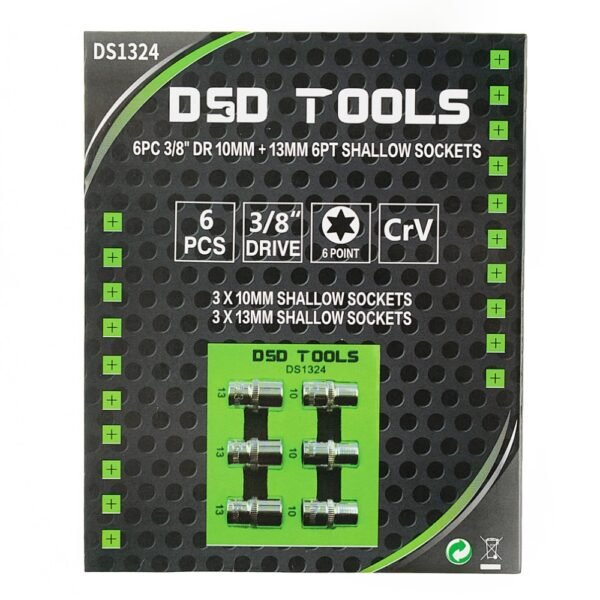 DSD TOOLS 6pc 3/8" DR 10mm + 13mm 6PT Shallow Sockets DS1324 - Image 3