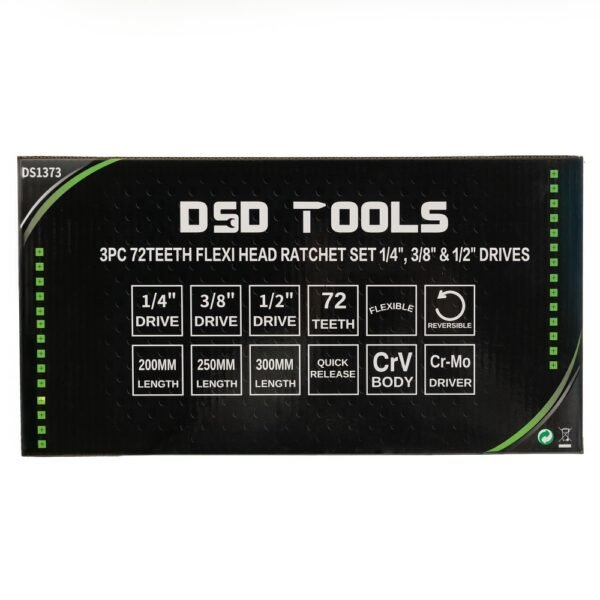 DSD TOOLS 3pc Flexi Head Ratchet Set 1/4", 3/8" & 1/2" Drives DS1373 - Image 3