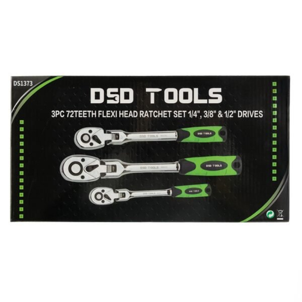 DSD TOOLS 3pc Flexi Head Ratchet Set 1/4", 3/8" & 1/2" Drives DS1373 - Image 2