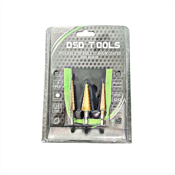 DSD TOOLS 3PCS HSS STEP DRILL TITANIUM COATED HEX SHANK DS1432 - Image 2