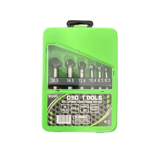 DSD TOOLS 6PC TAPERED COUNTERSINK SET HSS 6.3 – 20.5MM in a GREEN CASE DS1435