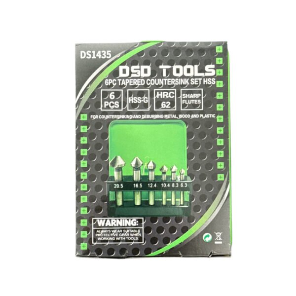 DSD TOOLS 6PC TAPERED COUNTERSINK SET HSS 6.3 – 20.5MM in a GREEN CASE DS1435 - Image 2
