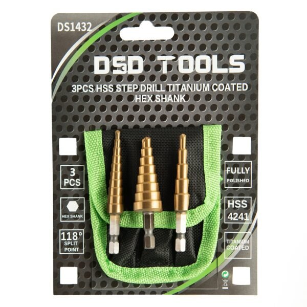 DSD TOOLS 3PCS HSS STEP DRILL TITANIUM COATED HEX SHANK DS1432 - Image 2