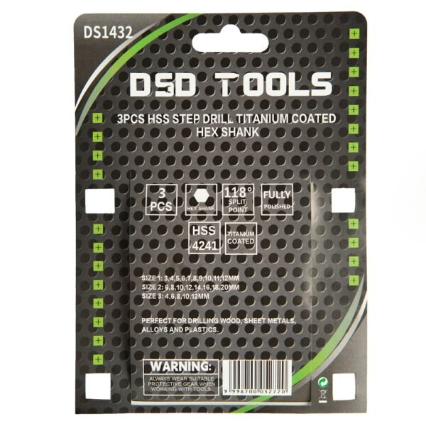 DSD TOOLS 3PCS HSS STEP DRILL TITANIUM COATED HEX SHANK DS1432 - Image 3