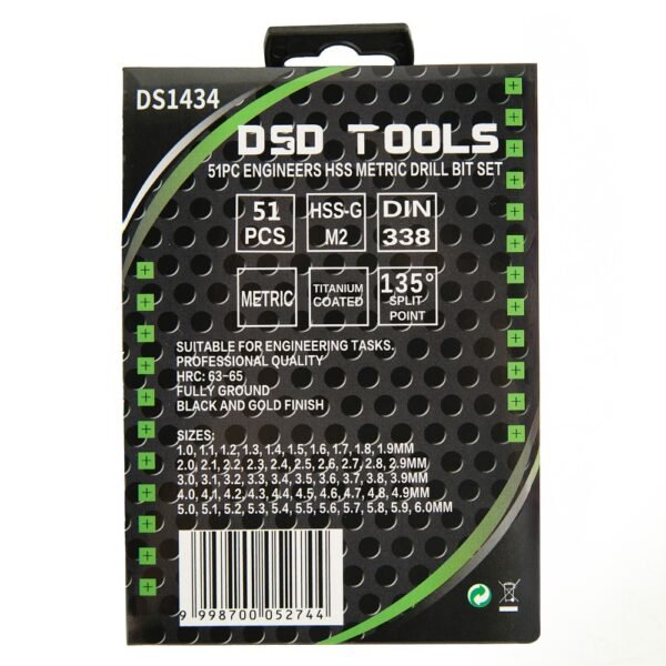 DSD TOOLS 51PC ENGINEERS HSS METRIC DRILL BIT SET 1MM – 6MM DS1434 - Image 6