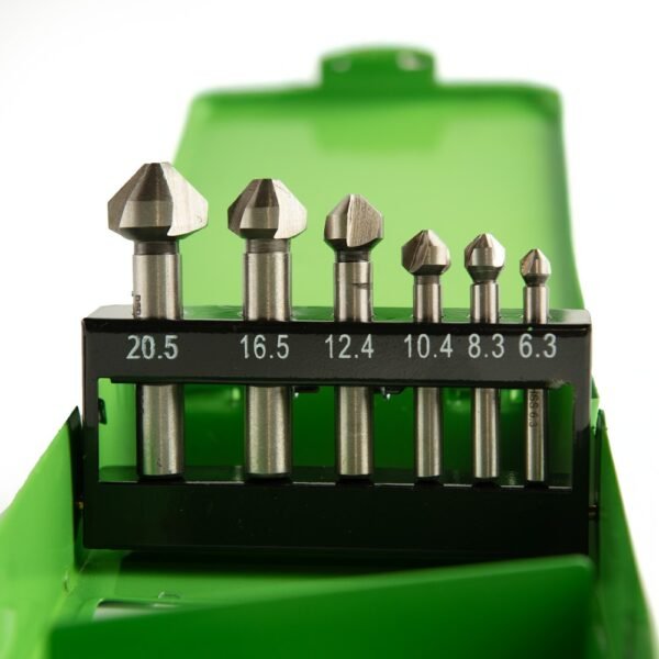 DSD TOOLS 6PC TAPERED COUNTERSINK SET HSS 6.3 – 20.5MM in a GREEN CASE DS1435 - Image 3