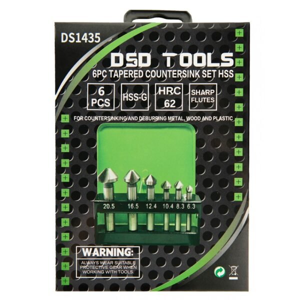 DSD TOOLS 6PC TAPERED COUNTERSINK SET HSS 6.3 – 20.5MM in a GREEN CASE DS1435 - Image 5