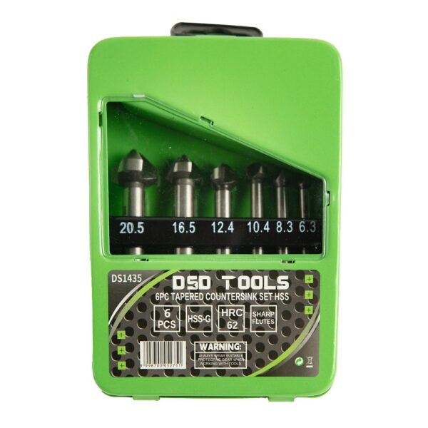 DSD TOOLS 6PC TAPERED COUNTERSINK SET HSS 6.3 – 20.5MM in a GREEN CASE DS1435 - Image 4