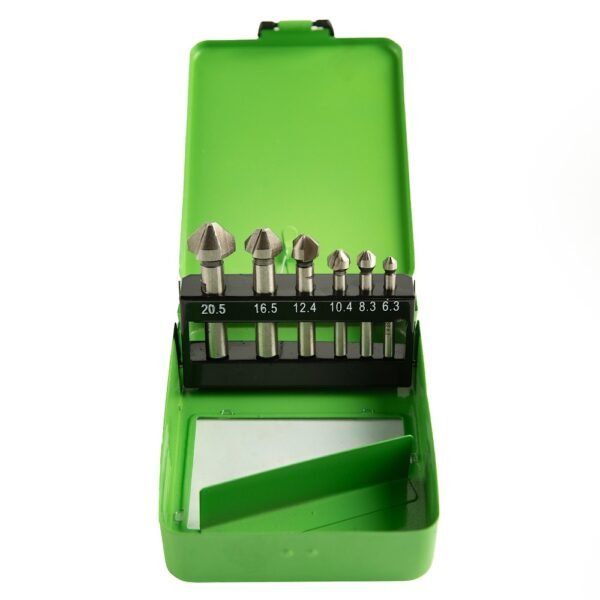 DSD TOOLS 6PC TAPERED COUNTERSINK SET HSS 6.3 – 20.5MM in a GREEN CASE DS1435