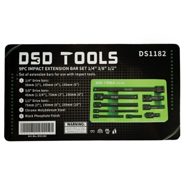 DSD TOOLS 9pc Impact Extension Bar Set 1/4" 3/8" 1/2" DS1182 - Image 2