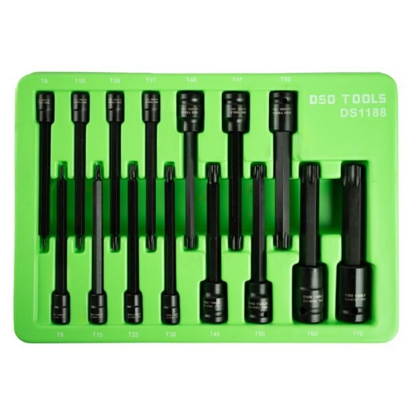 DSD TOOLS 15pc 1/4", 3/8", 1/2" Extra Long Impact Star Bit Socket Set DS1188