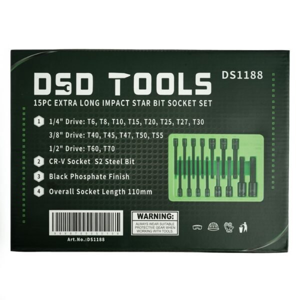 DSD TOOLS 15pc 1/4", 3/8", 1/2" Extra Long Impact Star Bit Socket Set DS1188 - Image 2