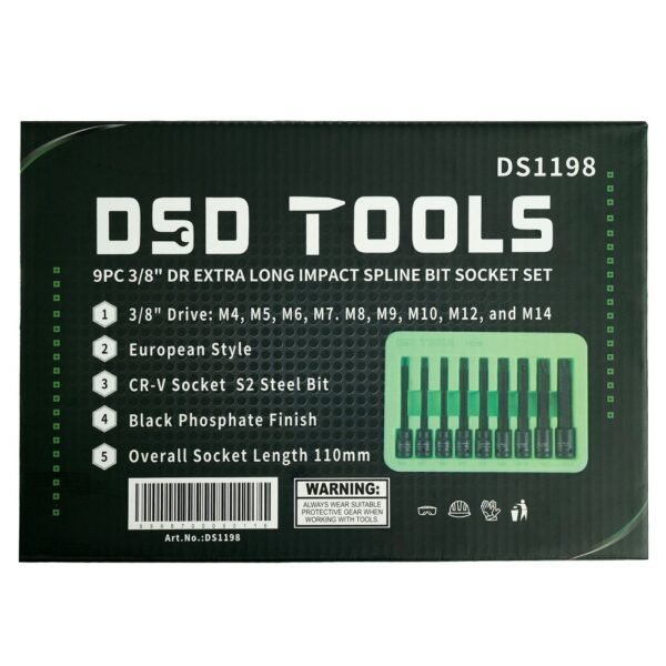 DSD TOOLS 9pc 3/8" DR Extra Long Impact Spline Bit Socket Set DS1198 - Image 2