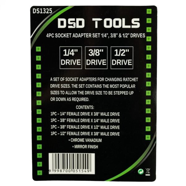 DSD TOOLS 4pc Socket Adapter Set 1/4", 3/8" & 1/2" Drives DS1325 - Image 4