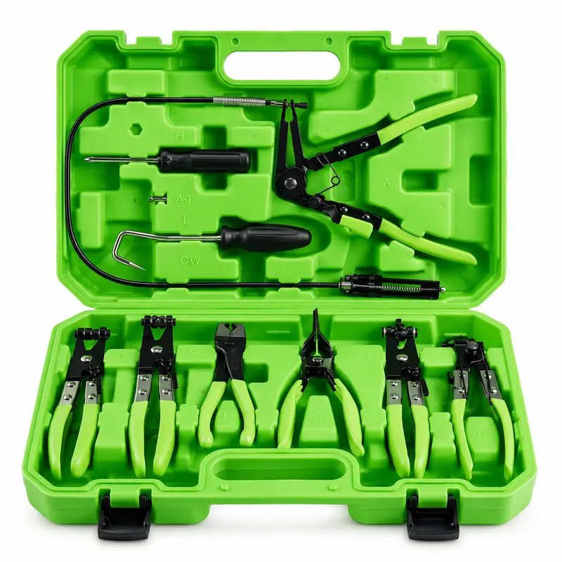 DSD TOOLS Tools 9pc Auto Hose Clamp Removal Clip Fixings Pliers Set Green DS1011