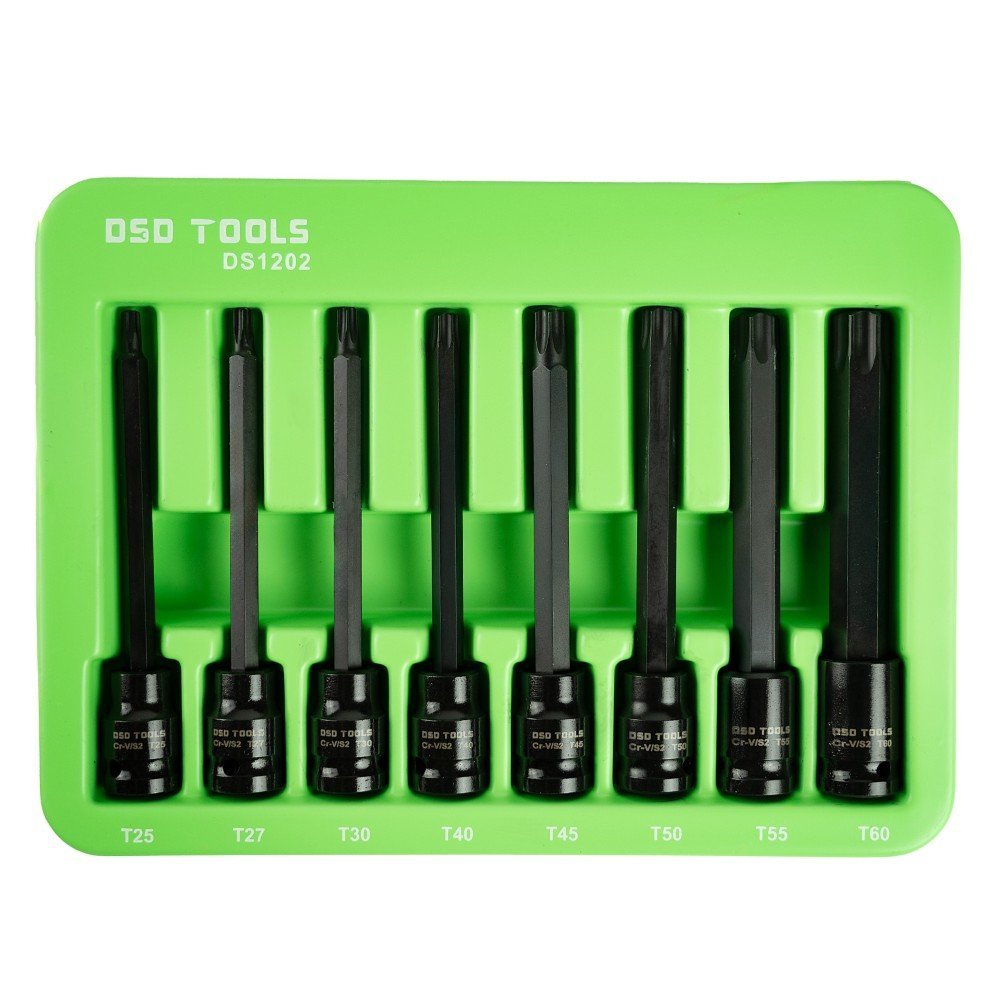 DSD TOOLS 8pc 3/8" DR Extra Long Impact Tamper Star Bit Socket Set DS1202