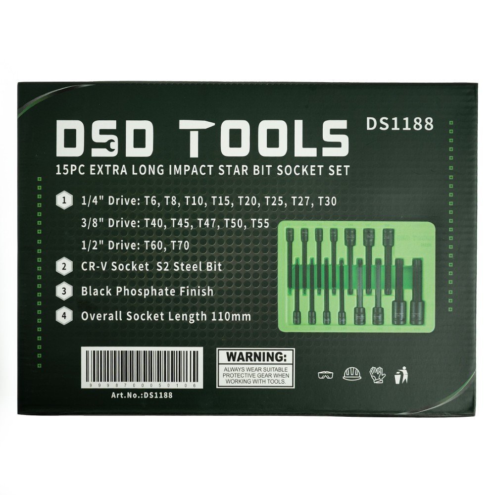 DSD TOOLS 15pc 1/4", 3/8", 1/2" Extra Long Impact Star Bit Socket Set DS1188 - Image 2
