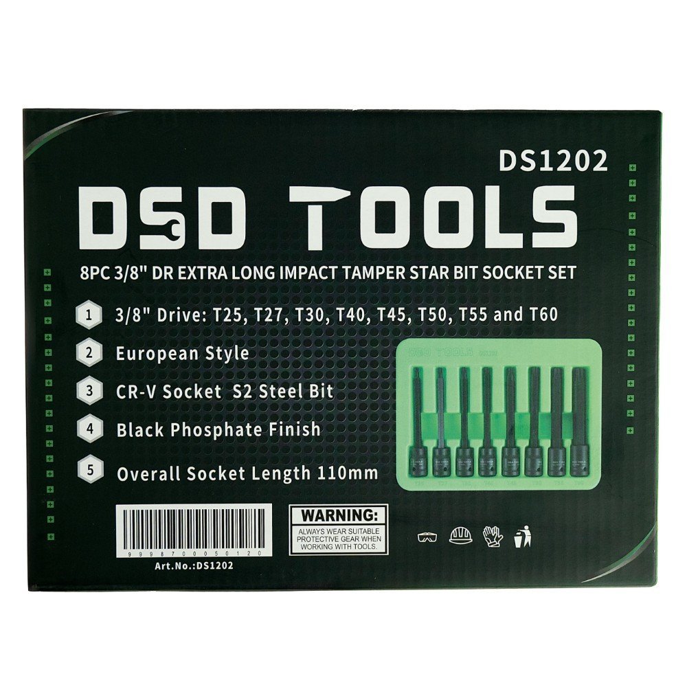 DSD TOOLS 8pc 3/8" DR Extra Long Impact Tamper Star Bit Socket Set DS1202 - Image 2