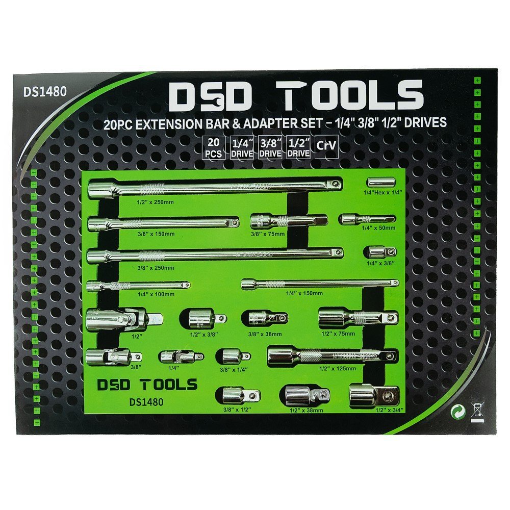 DSD TOOLS 20PC EXTENSION BAR & ADAPTER SET – 1/4″ 3/8″ 1/2″ DRIVES DS1480 - Image 2