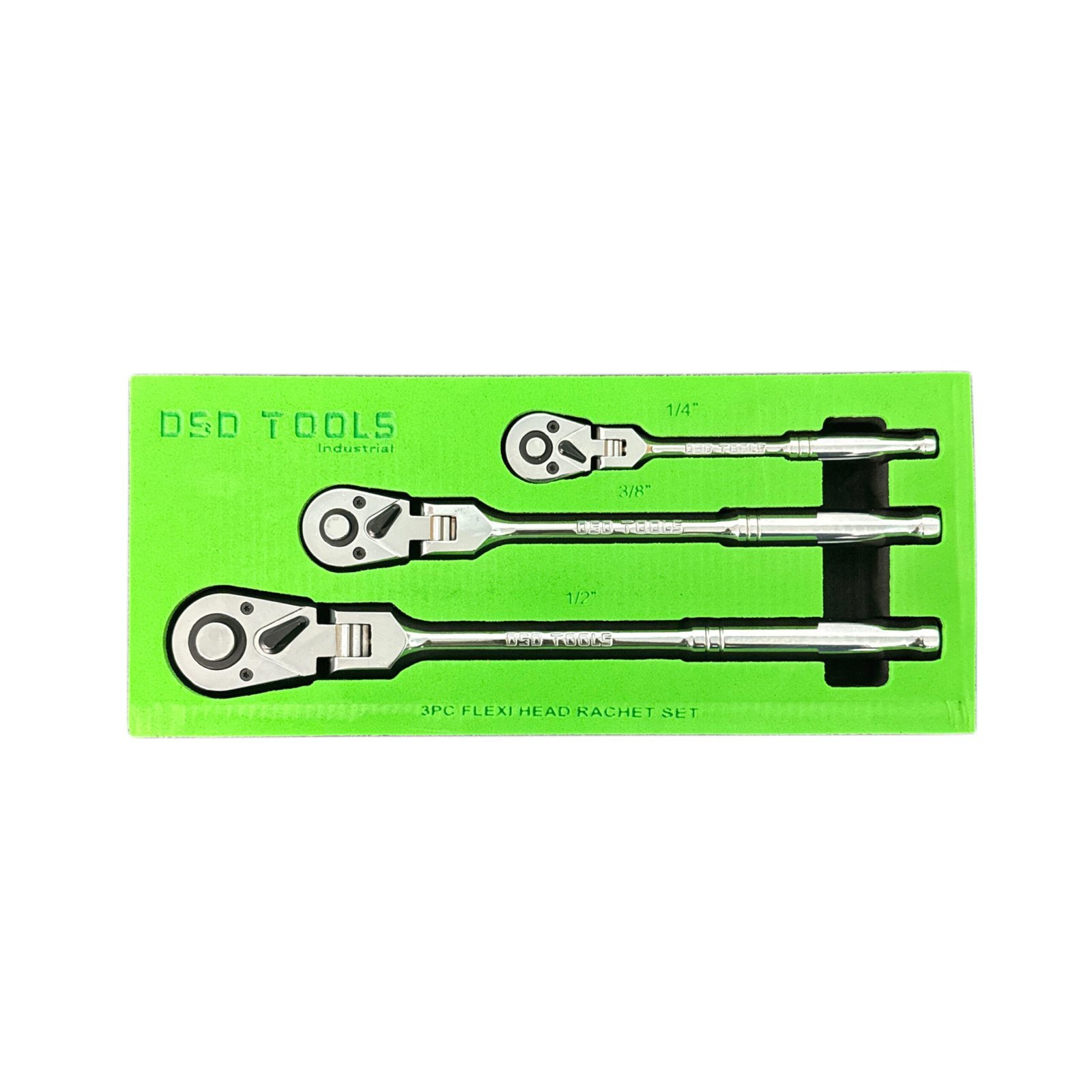 DSD TOOLS 3PC FLEXI HEAD RATCHET SET 1/4″ 3/8″ & 1/2″ DRIVES DS1874 - Image 2