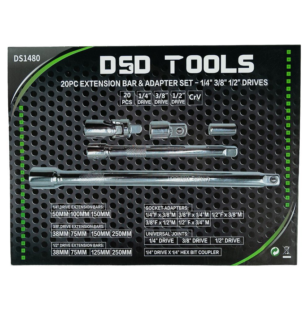 DSD TOOLS 20PC EXTENSION BAR & ADAPTER SET – 1/4″ 3/8″ 1/2″ DRIVES DS1480 - Image 3