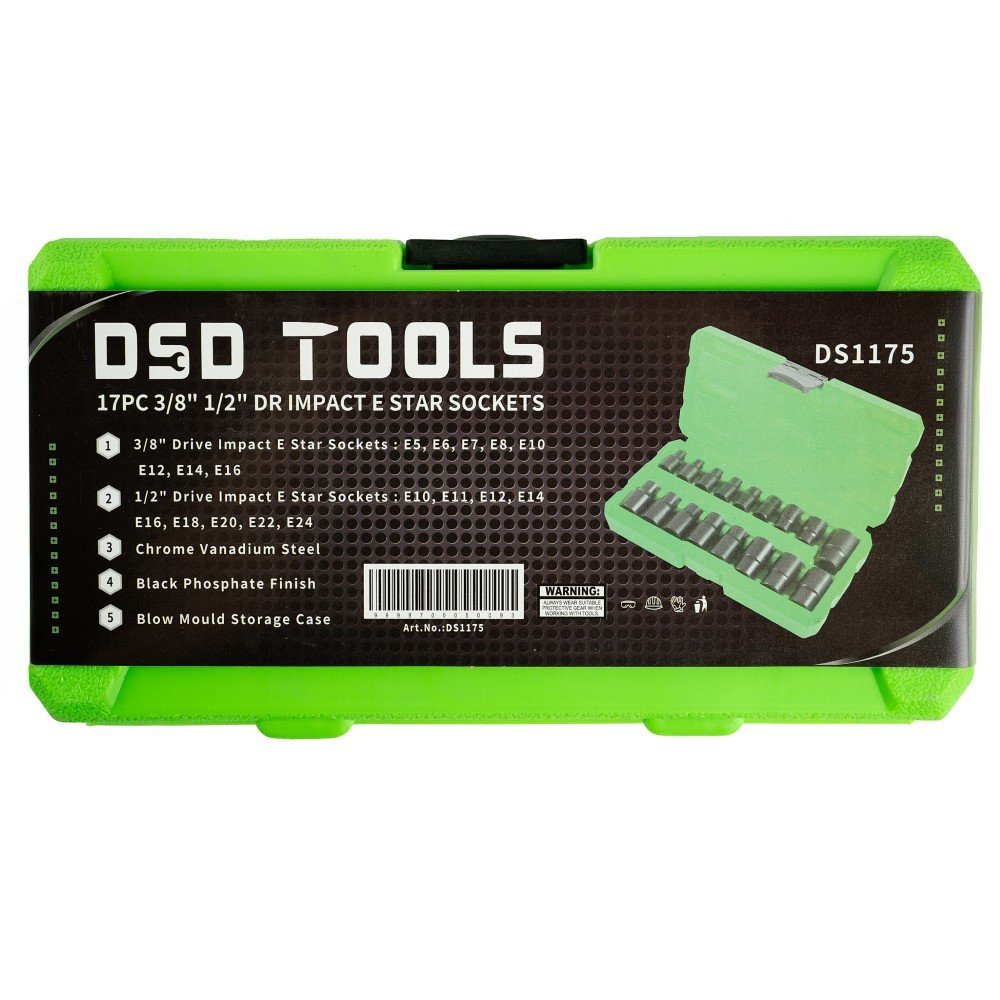 DSD TOOLS 17pc 3/8" 1/2" DR Impact E Star Sockets DS1175 - Image 4