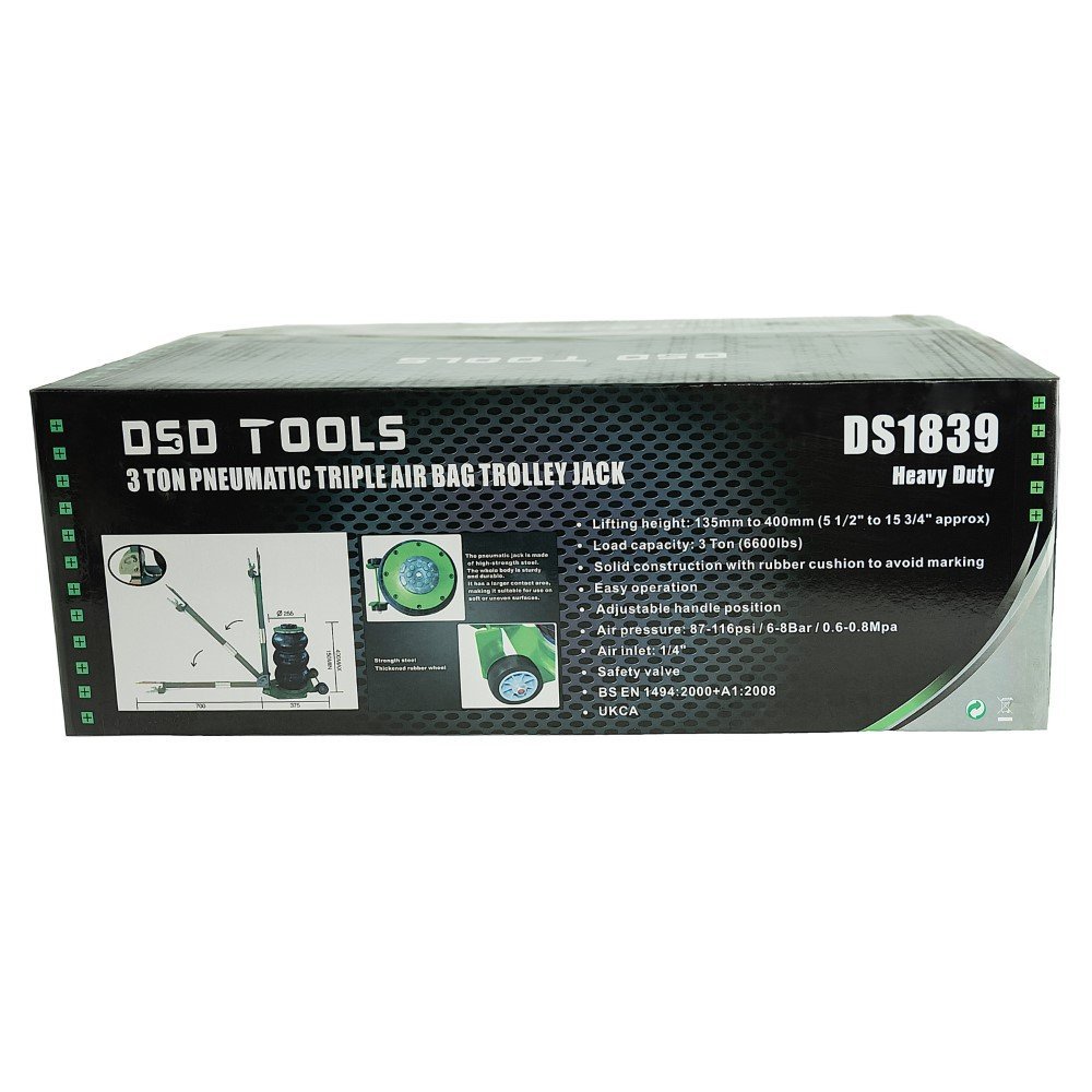 DSD TOOLS 3 TON PNEUMATIC TRIPLE AIR BAG TROLLEY JACK IN GREEN DS1839 - Image 10