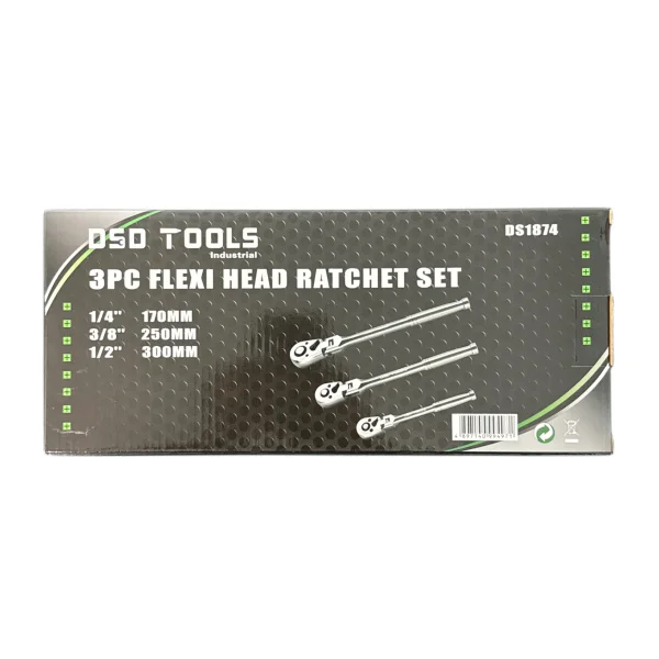 DSD TOOLS 3PC FLEXI HEAD RATCHET SET 1/4″ 3/8″ & 1/2″ DRIVES DS1874 - Image 3
